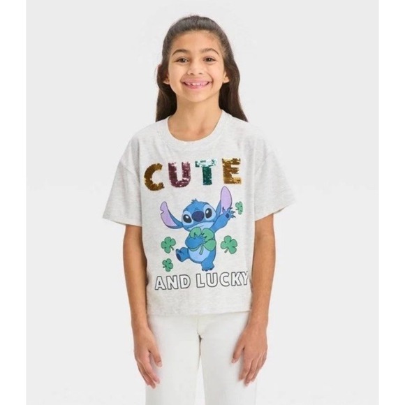 Disney Stitch Cute and Lucky Flip Sequin Short Sleeve T-Shirt Girls Size XS - Picture 1 of 7